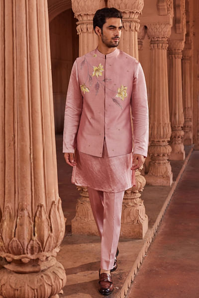 Rose mauve flora hand-painted Nehru jacket set