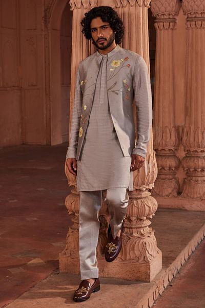 Dusty olive hand-painted Nehru jacket set