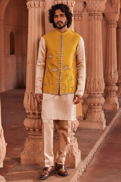 Marigold hand embroidered Nehru jacket set