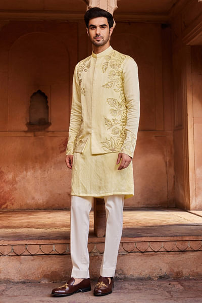 Lemon yellow leaf embroidered Nehru jacket set