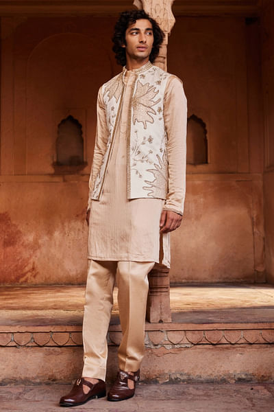 Ivory applique embroidered Nehru jacket set