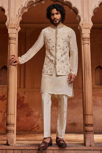 Cream floral hand embroidered Nehru jacket set
