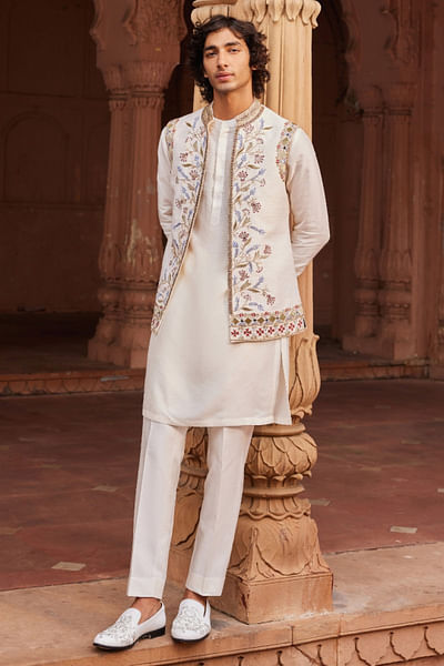 Ivory applique embroidery Nehru jacket set