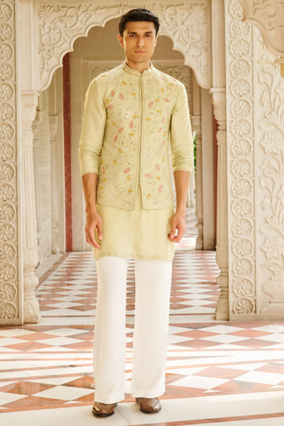 Pastel green embroidered Nehru jacket set
