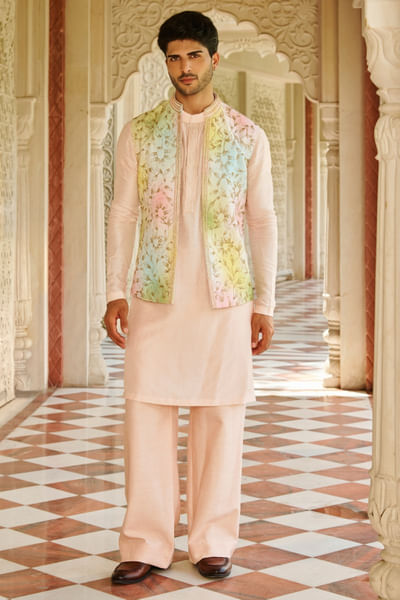 Ivory floral hand embroidered Nehru Jacket set