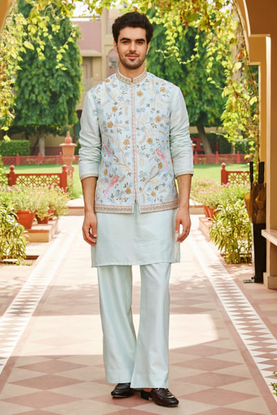 Powder blue floral embroidery Nehru jacket set