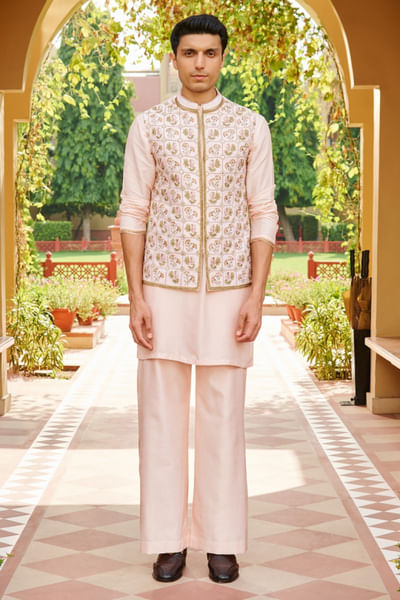 Nude pink hand embroidered Nehru jacket set