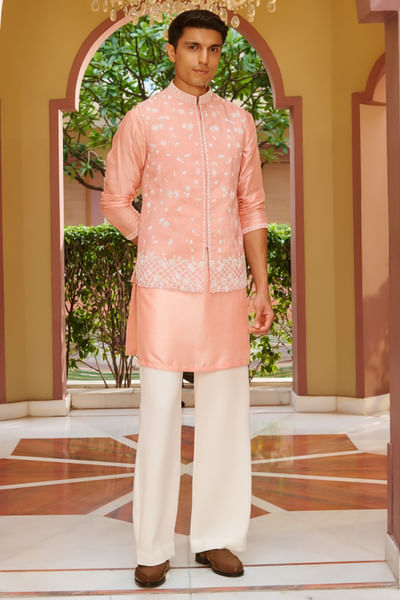 Pink floral hand embroidered Nehru jacket set