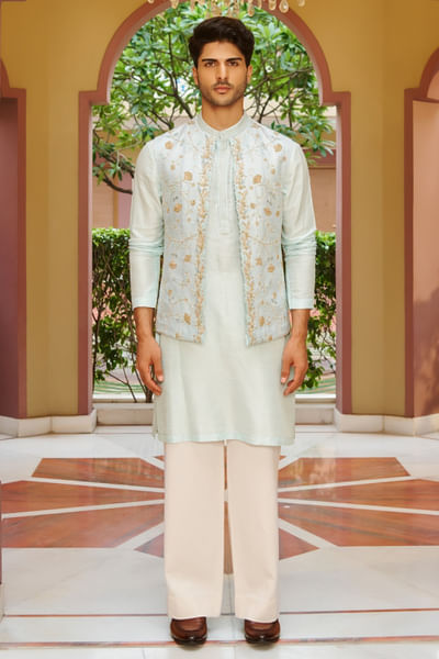 Powder blue hand embroidery Nehru jacket set