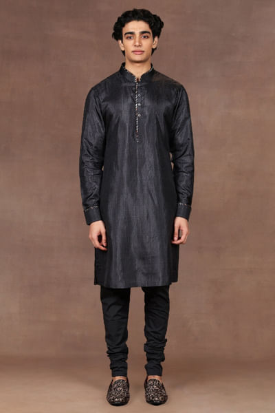 Black chevron patterned silk kurta set