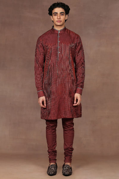 Red tonal embroidered silk jacket kurta set