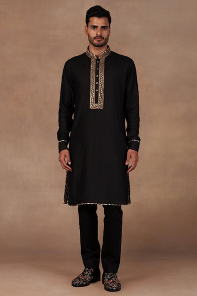 Black metallic embroidered silk kurta set