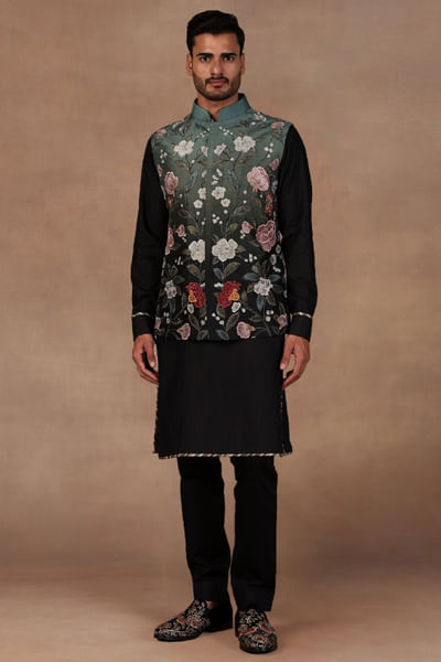 Turquoise ombré embroidered Nehru jacket set