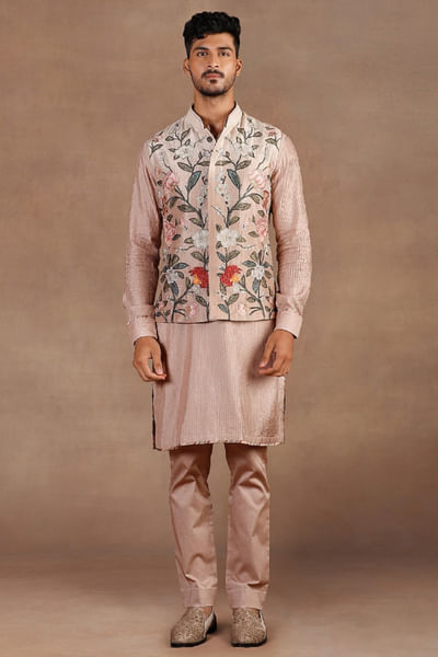 Pink silk ombre embroidered Nehru jacket set
