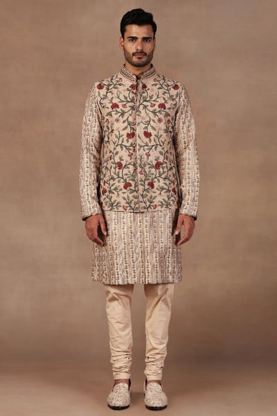 Soft pink resham embroidered Nehru jacket set