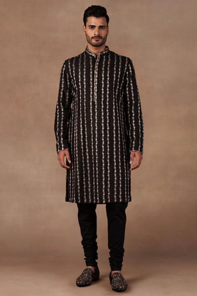 Black resham beaded silk kurta set