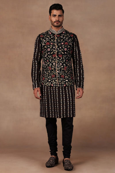 Black resham embroidered Nehru jacket set