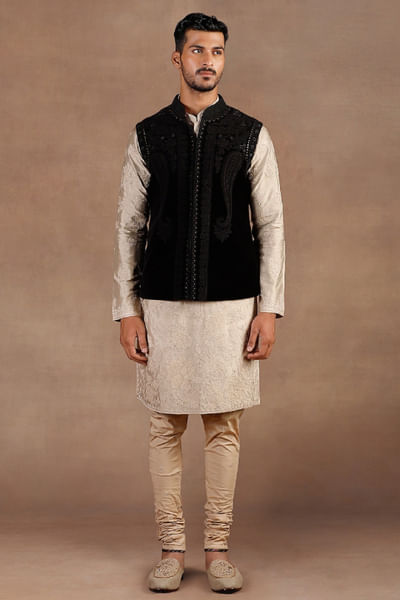 Black and beige embroidered Nehru jacket set