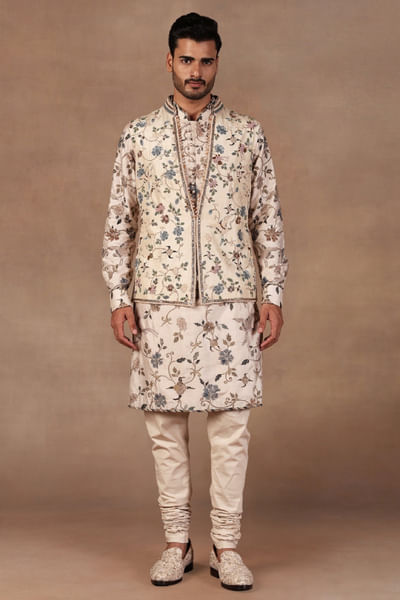 Almond ivory embroidered Nehru jacket set