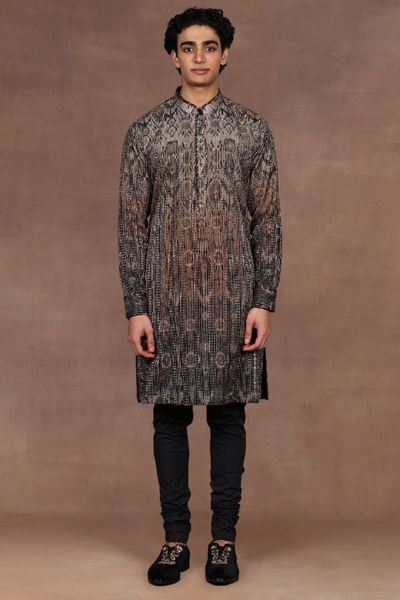Brown and black ombre printed silk kurta set