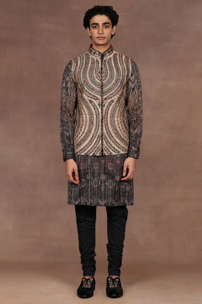 Warm taupe embroidered Nehru jacket set