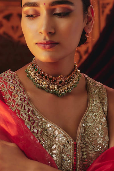 Karisa Green kundan embellished choker necklace KARIAPR26D143356