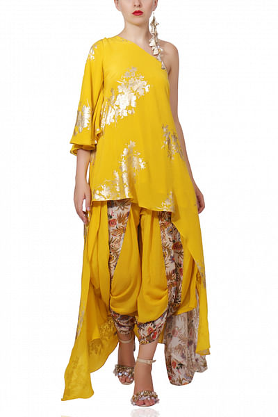 Yellow one-shoulder top and dhoti set