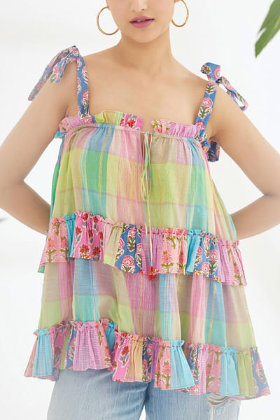 Multicolor printed strap top