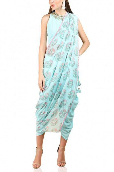 Sky blue hand-painted dhoti sari