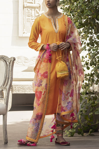 Yellow and peach embroidered kurta set