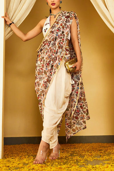 Ivory floral print draped dhoti saree set