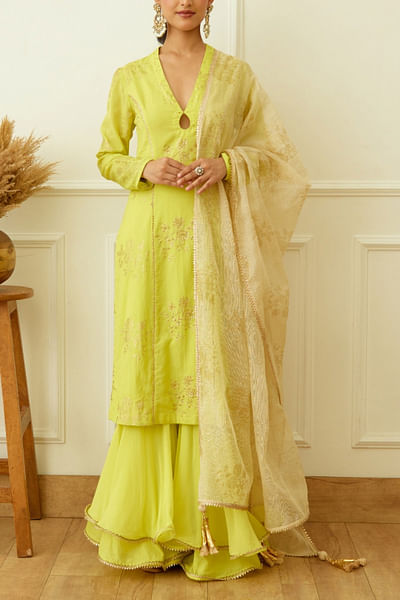 Lime green foil and embroidered kurta set