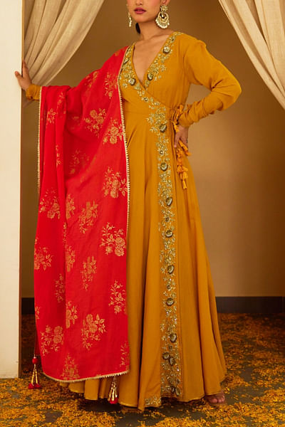 Ochre floral sequin embroidery angrakha set