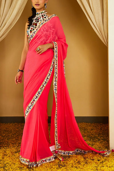 Pink floral lace detailed chiffon saree set