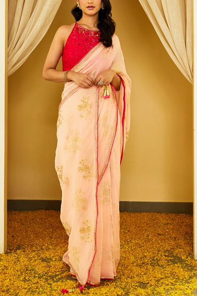 Peach foil and sequin motif embroidery saree set