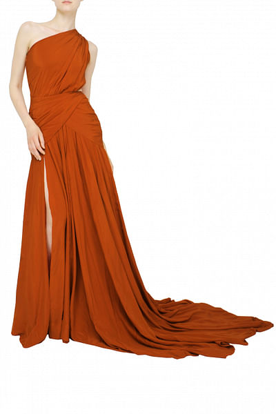 Rust one-shouldered gown