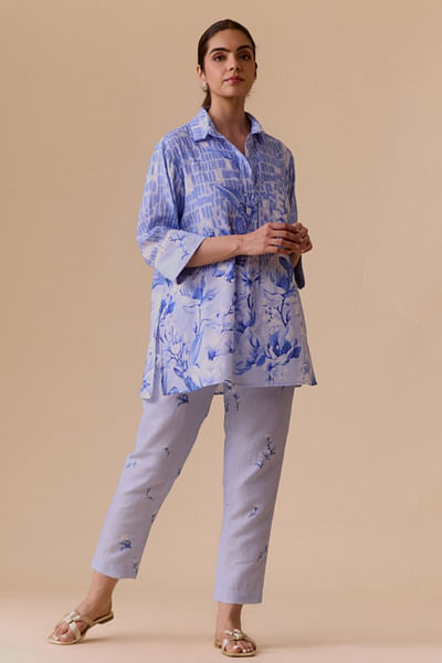 Blue printed shirt-style tunic