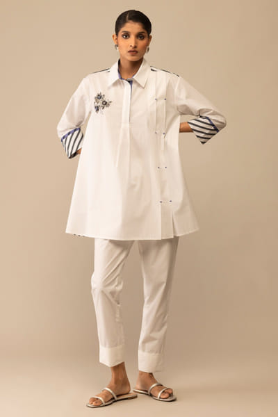 White 3D floral embroidered shirt