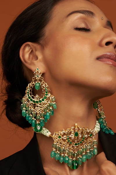 Kiara Jewellry Green stone embellished necklace set KIARJUN26D147188