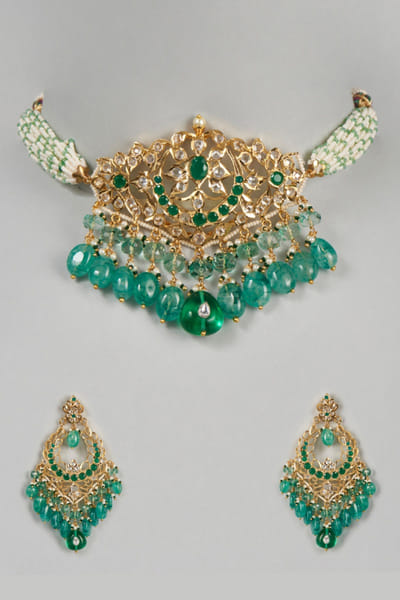 Kiara Jewellry Green stone embellished necklace set KIARJUN26D147188