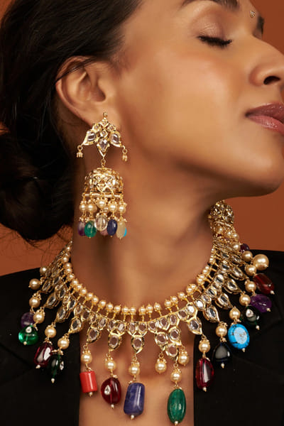 Kiara Jewellry Multicoloured stone encrusted necklace set KIARJUN26D147187