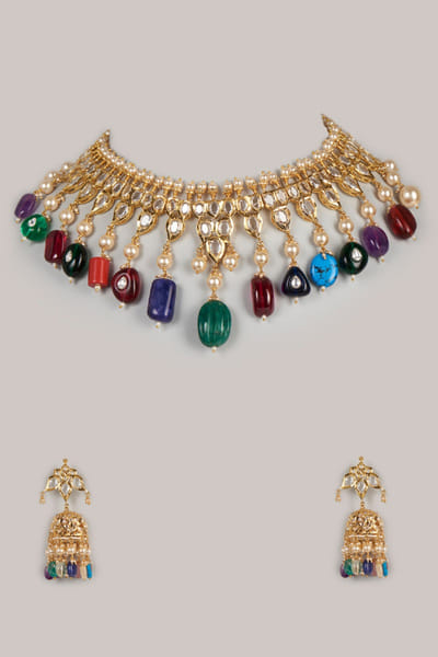 Kiara Jewellry Multicoloured stone encrusted necklace set KIARJUN26D147187