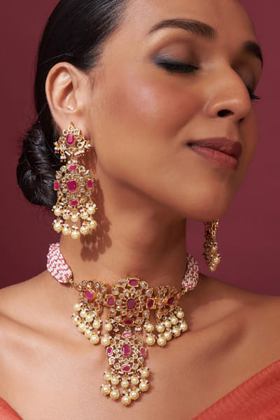 Kiara Jewellry Red stone encrusted necklace set KIARJUN26D147192
