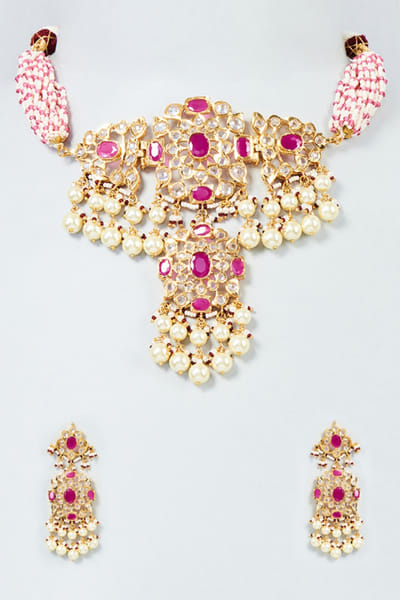 Kiara Jewellry Red stone encrusted necklace set KIARJUN26D147192