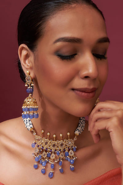 Kiara Jewellry Blue beads and pearl encrusted necklace set KIARJUN26D147193
