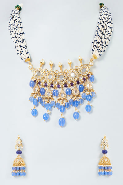 Kiara Jewellry Blue beads and pearl encrusted necklace set KIARJUN26D147193