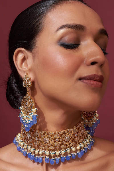 Kiara Jewellry Blue beaded gold plated choker set KIARJUN26D147186