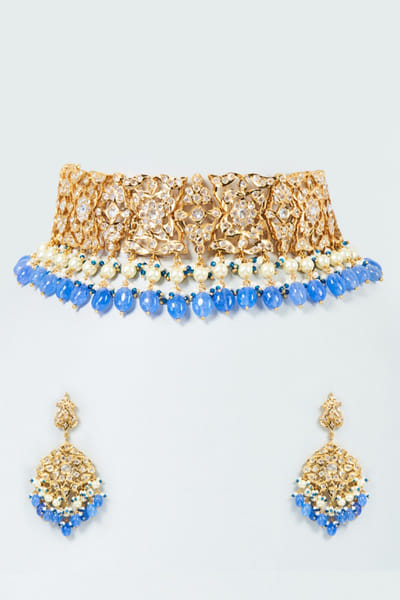 Kiara Jewellry Blue beaded gold plated choker set KIARJUN26D147186