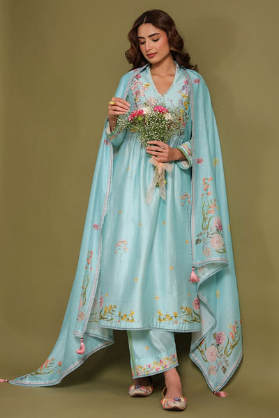 Light blue floral printed dupatta