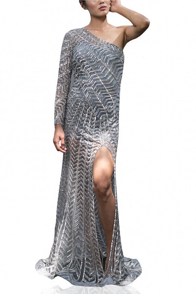 Grey and silver embellished one shoulder gown